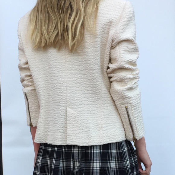 Zara Creamy Beige Cotton Tweed Blazer Metal Zippers Buttons Long Sleeve US M-L - Picture 8 of 13